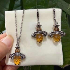 Vintage Style Silver and Gold Bee Pendant Necklace and Earrings Set